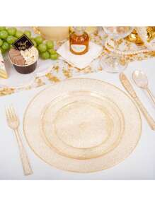 25 pièces de papier doré pailleté, plateau à salade et couverts, plateaux de 10,25 pouces et 7,5 pouces, convenant aux célébrations, fêtes, événements extérieurs, mariages, restaurants et fournitures scolaires