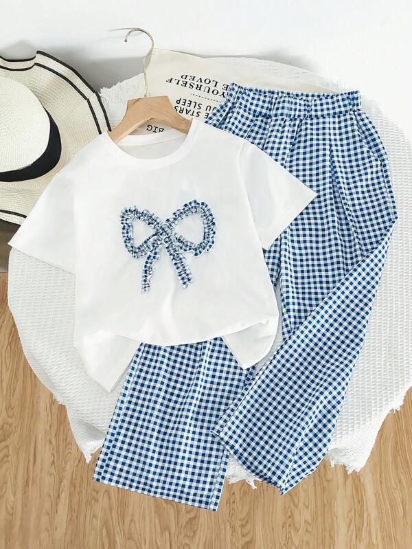 Tween Girls Outdoor Bow T-Shirt And Plaid Pants 2 Pieces Set, Casual Summer
