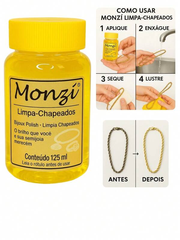 Limpa Chapeados Semijóia Monzi 125ml Grande Original Liquido Restaura Limpeza Jóias Correntes Anel