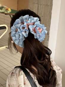 chouchou en tissu à pompons élégant et à la mode, chouchou bohème bleu et rose froncé, grand accessoire floral pour cheveux pour femme, double volant, idéal pour les cheveux épais, pour le quotidien, les vacances et les rendez-vous galants.
