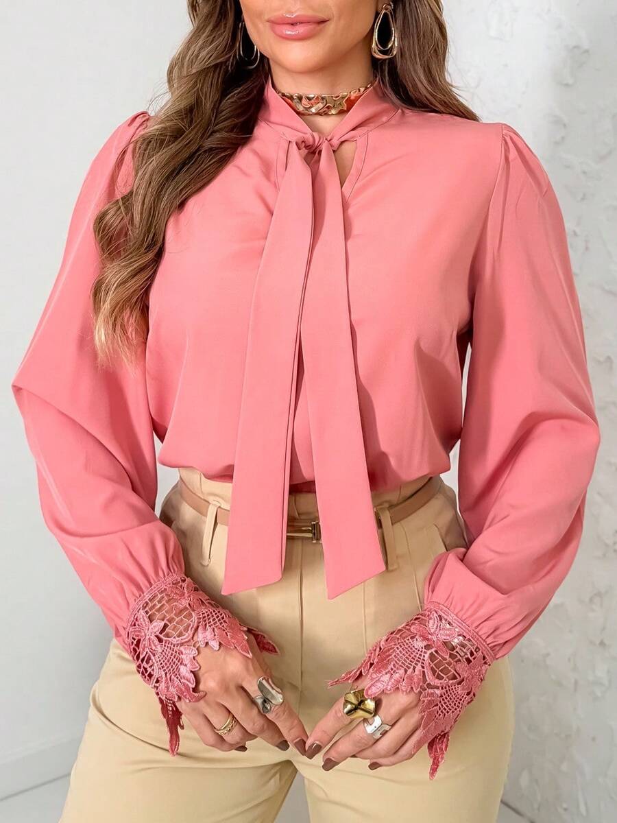 Elegant Women's Formal Blouse V Neck With Bow Lace Embroidered Blouse, Flared Sleeve Blouse, Lace Women's Tops - 藕粉色 - 查看 1