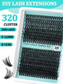 Kit de pestañas postizas rizadas y esponjosas con rizado D, 30D+40D+50D+60D+80D, 320 racimos de pestañas de estilo mixto de 10-18mm, set de pestañas dramático para principiantes, reutilizable con pegamento, incluye pincel para pestañas, pinzas y herramientas aplicadoras, ligero, portátil, pestañas listas para exterior