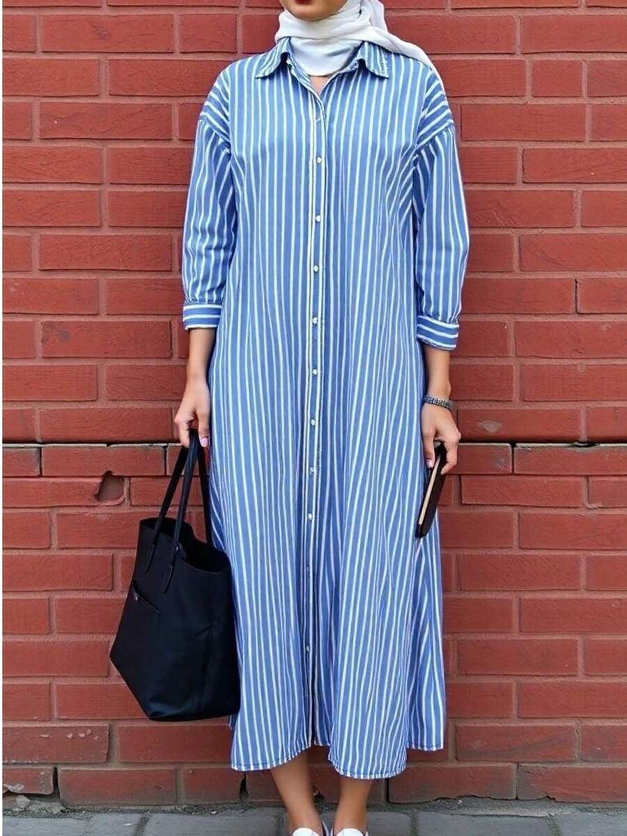 Women's Spring/Summer Casual Vintage Striped Print Long Sleeve Long Shirt Dress - Multicolor - View 1
