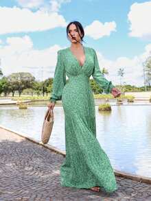 Elegant Printed Boho Chic Long Dress - Mint Green - View 2
