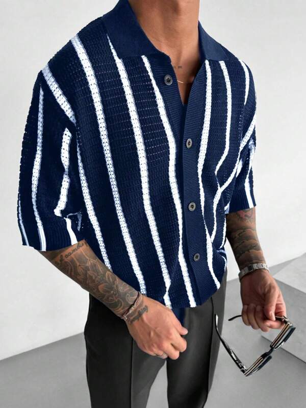 Men's Colorblock Hollow Out Knit Cardigan, Fashion Suitable For Summer