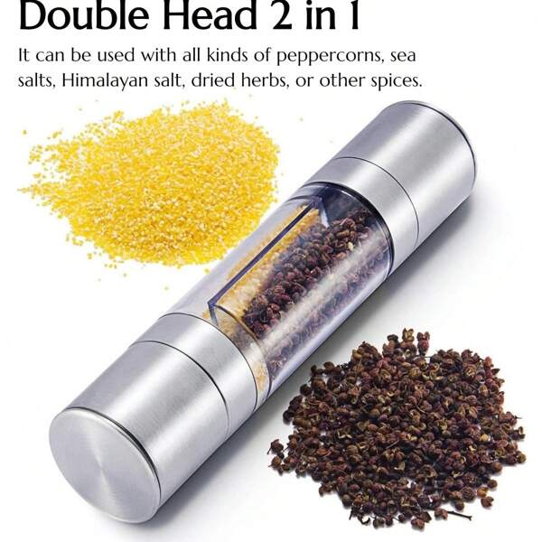 2-In-1 Stainless Steel Salt And Pepper Grinder, Adjustable Manual Refillable Grinder Set, Dual-Head Grinding Mill, Pepper Mill With Airtight Cap, Transparent Travel Condiment Bottle, For Kitchen, Outdoor Camping