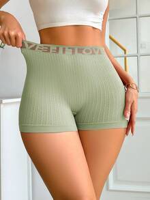 1pc Women Casual Seamless Ribbed Mid-Waist Tummy Control Boy Short Panties, Prevent Upskirt - Green - View 4