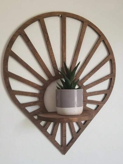 Prateleira de parede de madeira em formato de lágrima com sol flutuante - Prateleira decorativa para plantas, decoração de parede, prateleira de cristal para exibição, decoração para casa, quarto e sala de estar