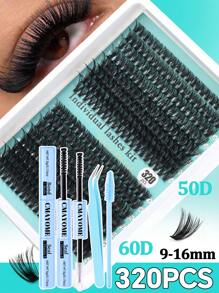 Kit de pestañas postizas rizadas y esponjosas con rizado D, 30D+40D+50D+60D+80D, 320 racimos de pestañas de estilo mixto de 10-18mm, set de pestañas dramático para principiantes, reutilizable con pegamento, incluye pincel para pestañas, pinzas y herramientas aplicadoras, ligero, portátil, pestañas listas para exterior