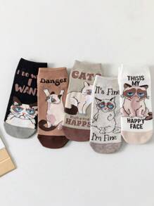 5/10 perechi de șosete scurte pentru femei din seria Cat, șosete drăguțe și interesante cu desene animate, absorbante de umezeală, potrivite pentru purtare zilnică, casual, sport, birou, toate anotimpurile
