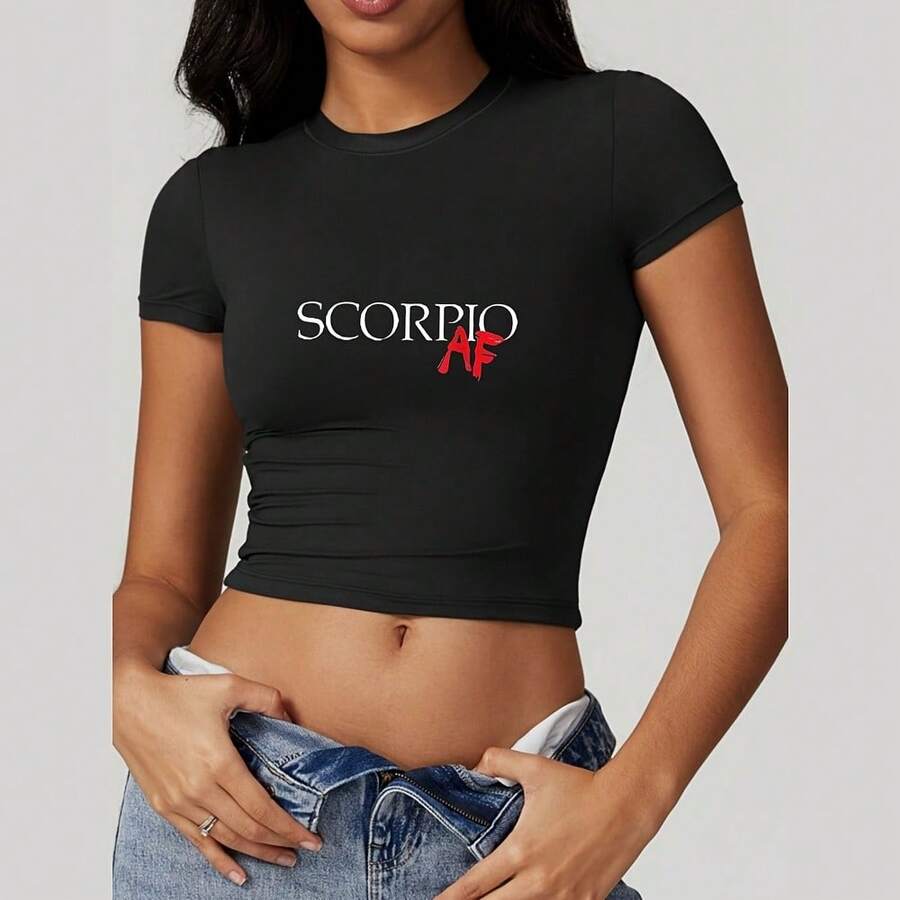 Camiseta corta tipo top para mujer con estampado de signo zodiacal Escorpio, de manga corta y color negro - Negro - Ver 1