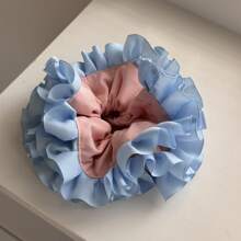 chouchou en tissu à pompons élégant et à la mode, chouchou bohème bleu et rose froncé, grand accessoire floral pour cheveux pour femme, double volant, idéal pour les cheveux épais, pour le quotidien, les vacances et les rendez-vous galants.