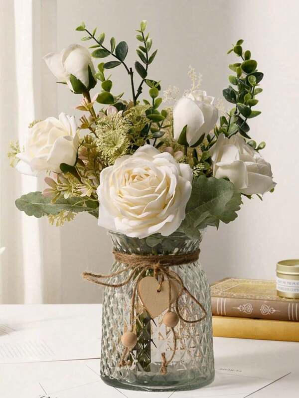1 Bunch Artificial Flowers Rose Wedding Bouquet Fake Flowers Eucalyptus Silk Roses Faux Flower Arrangement For Wedding Home Office Decoration Dining Table