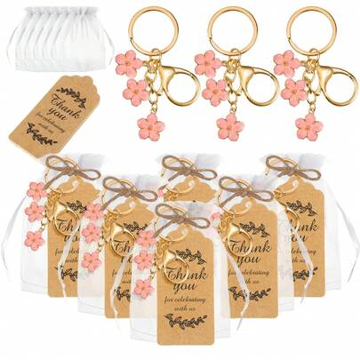 20/Bộ Móc khóa hoa, quà tặng tiệc, móc khóa hoa có thẻ Kraft, túi Organza cho khách, quà lưu niệm, tiệc mừng em bé chào đời