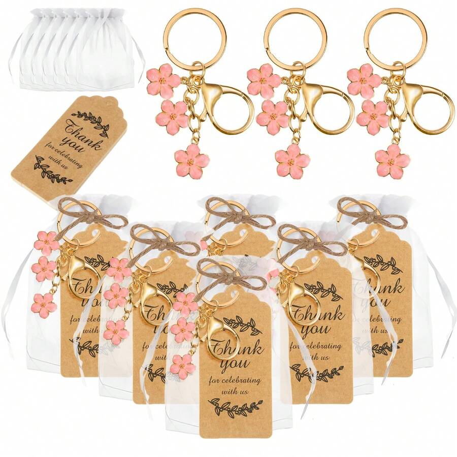 20/Bộ Móc khóa hoa, quà tặng tiệc, móc khóa hoa có thẻ Kraft, túi Organza cho khách, quà lưu niệm, tiệc mừng em bé chào đời - Hồng - Xem 1