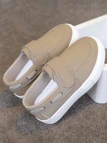 新款春夏秋季儿童英伦风魔术贴防滑耐磨帆布休闲乐福鞋软底透气舒适一脚蹬平底鞋 - 卡其色 - 查看 5