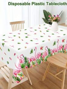 1pc Flamingo Plastic Tablecloth - 86.61 X 51.18 Inches, Tropical Hawaiian Style Disposable Tablecloth, Rectangular Flamingo Tablecloth For Picnic, Flamingo Hawaiian Theme Birthday Party Decoration - Multicolor - View 3