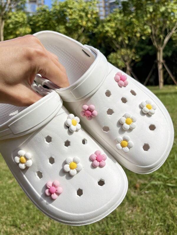 10pcs Fashion DIY Shoe Accessories - White Flower & Pink Floral Decorations, Suitable For Beach Sandals, Slippers, Hollow Wooden Clogs, Detachable Shoe Clips, Holiday Gift