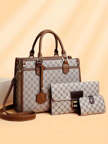 3 件套格纹 PU 皮革斜挎包带拉链，时尚百搭大容量手提包适合中年女士日常使用 - 灰色 - 查看 1