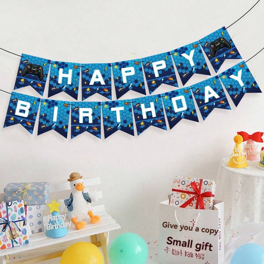 1 bộ điều khiển trò chơi Banner mừng sinh nhật, chủ đề trò chơi Trang trí tiệc Banner màu xanh lam - Nhiều màu - Xem 1