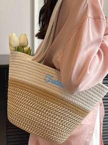 1pc Customized Embroidered Woven Beach Basket Bag For Women, Fashion Versatile Shoulder Tote Bag, Suitable For Beach Trip, Everyday Use, Gifts For Family, Friends, Mother, Partner, Great For Mother's Day, Valentine's Day, Nurses Day, Teacher's Day, Christmas, Birthday, School Supplies, For Teacher, For Boys And Girls, For Teenagers, Junior High School Students, Middle School Students, High School Senior High School Students, College Students, University Students, Freshman, Sophomore, Underclassmen - Multicolor - View 9