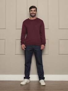 Men's Basic Plain Knit Sweater Coat Sweater Round Neck Long Sleeve Wool Sweater Sweatshirt - 酒紅色 - 查看 2