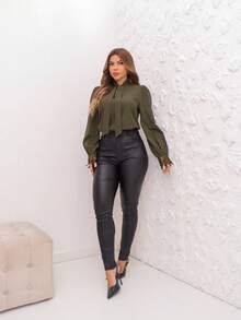 Elegant Women's Formal Blouse V Neck With Bow Lace Embroidered Blouse, Flared Sleeve Blouse, Lace Women's Tops - 墨綠色 - 查看 5