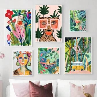 1pc Tropical Colorful Girl Car Flower Koala Leopard Wall Art Canvas Painting Posters Wall For Living Room Decor Gifts Optional Frame