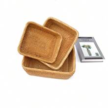 1pc/3pcs Rattan Storage Baskets, Snack & Fruit Organizer Boxes, Woven Rectangular Bread Tray, Home Desktop Countertop Decorative Baskets Valentine Day Sun Travel Cool