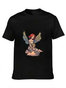 2025 Summer New Hot Selling T-Shirts- Stylized Illustration Of An Angel With Wings, Holding A Shield And Spear, With The Word 'VERSCE' At The Bottom - Black - View 1