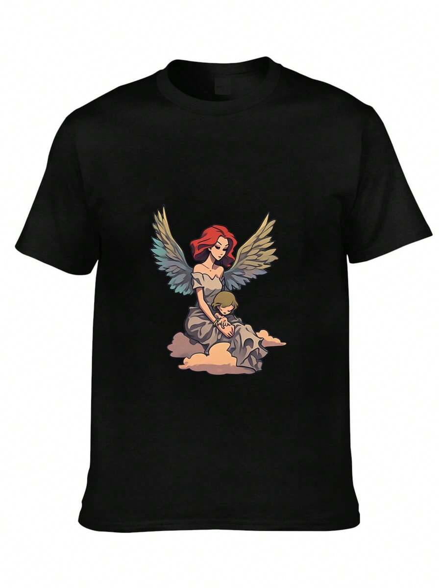 2025 Summer New Hot Selling T-Shirts- Stylized Illustration Of An Angel With Wings, Holding A Shield And Spear, With The Word 'VERSCE' At The Bottom - Black - View 1