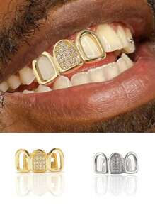 Hip Hop Gold Zähne Grills herzförmig mit synthetischem Zirkonia-Mosaik, vergoldet, Kupfer, für den täglichen Gebrauch, Partys, Mardi Gras, Ostern