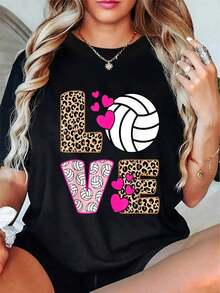 Cute Love Volleyball Leopard Print Women Ladies Volleyball-Shirt Casual Short Sleeve Shirt 100% Comfortable Cotton - 黑色 - 查看 1