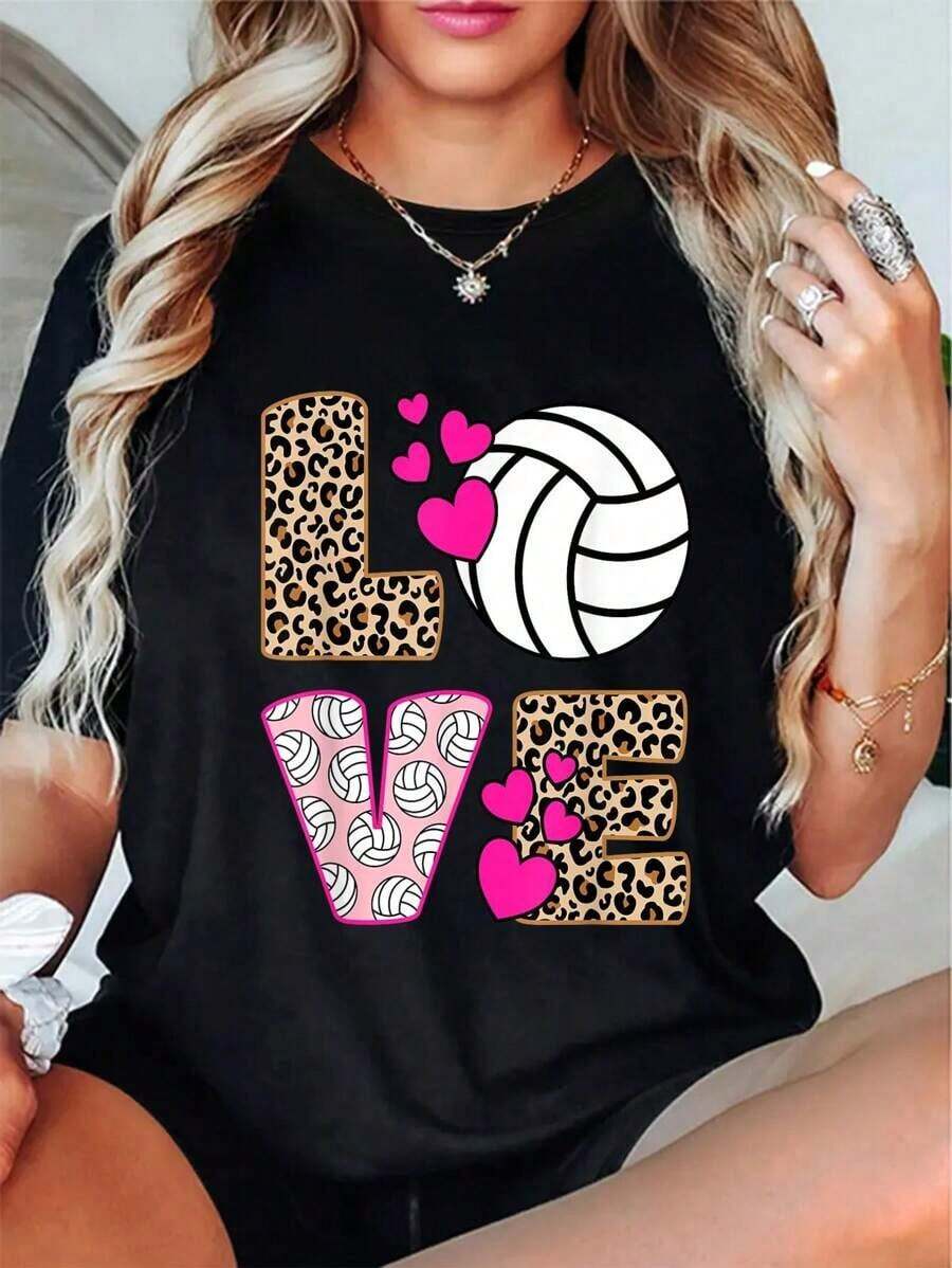 Cute Love Volleyball Leopard Print Women Ladies Volleyball-Shirt Casual Short Sleeve Shirt 100% Comfortable Cotton - 黑色 - 查看 1