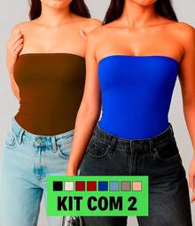 KIT 2 Basic Tube Cropped Top For Women, Strapless, Double Fabric, Without Pads - Royal Blue + Brown - View 1