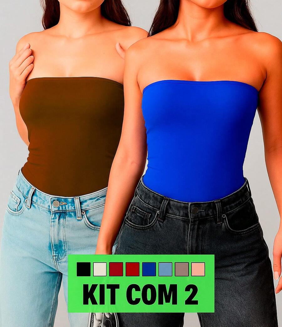 KIT 2 Basic Tube Cropped Top For Women, Strapless, Double Fabric, Without Pads - Royal Blue + Brown - View 1
