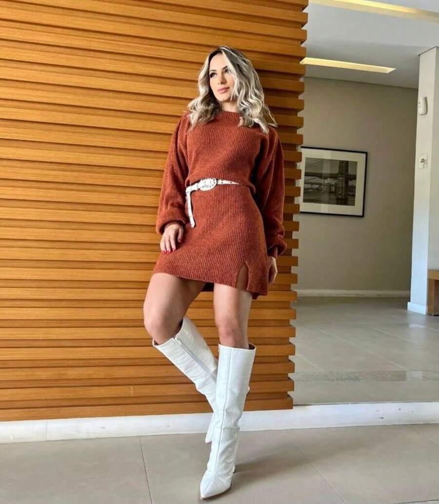 Winter Elegant Knitted Mousse Dress Side Slit Cold Fashion Casual Split Knitted - màu nâu - Xem 1