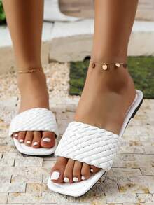 Sandalias planas y casuales de verano para mujer, sandalias de playa de tacón bajo con decoración de perlas - Blanco - Ver 5