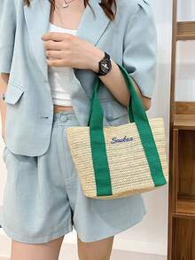1pc Personalized Handmade Woven Tote Bag For Women, Fashionable And Versatile For Work Commute, Large Capacity Portable Organizer Bag For Travel, Beach, Shopping, Embroidered Customized Letter Design, Suitable For Daily Use, Great Gift For Family, Friends, Mom, Mother's Day, Valentine's Day, Nurse's Day, Teacher's Day, Christmas, Birthday - Multicolor - View 8