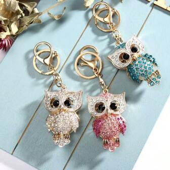 Creative Cross-Border Car Decor, Rhinestone Cartoon Owl Key Chain In Blue, Pink, Champagne, Metal Unisex Couple Keychains, Small Gifts For Girlfriends, Boyfriends, Colleagues, Birthdays, Parents, European And American Style School Letter Car Accessories Cute Goth Y2k Bag Accessories Lanyards With Id Holder Car Accessories Bag Charms