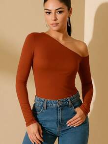 Women's Minimalist Asymmetric Shoulder Long Sleeve Slim Fit T-Shirt Top, Daily Wear, Fall/Winter - 銅色 - 查看 2