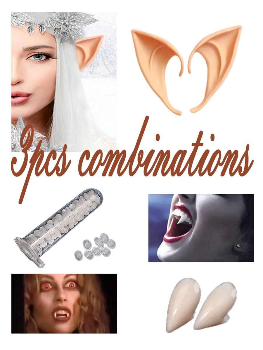 3 件套耳朵派对用品，新款仙女耳朵化妆服装舞会吸血鬼僵尸假牙 - 彩色 - 查看 1