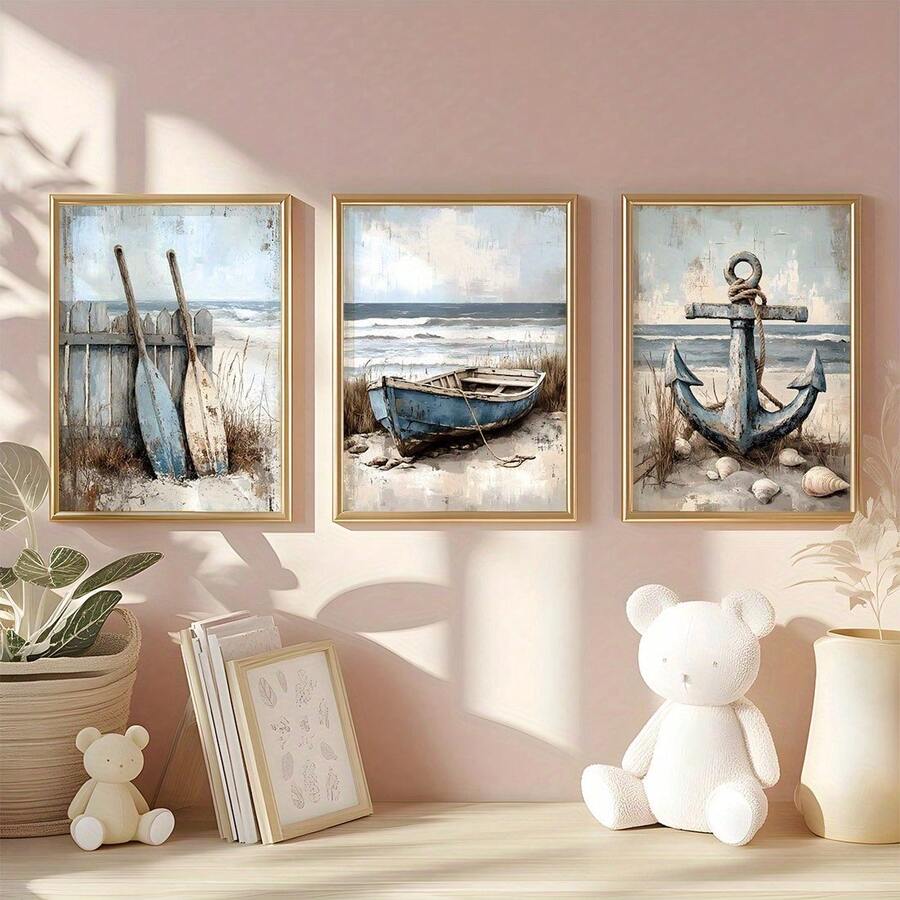 1/3 tấm áp phích nghệ thuật treo tường chủ đề hàng hải bên bờ biển, nghệ thuật treo tường phong cách hiện đại, nghệ thuật treo tường về mái chèo, thuyền và mỏ neo ven biển, tranh trang trí nhà trên bãi biển, tranh treo tường nghệ thuật bằng vải canvas làm quà tặng, lý tưởng cho phòng khách, phòng ngủ, văn phòng, không gian theo chủ đề hàng hải, đồ trang trí tường, trang trí nhà và ký túc xá, không có khung/có khung - Nhiều màu - Xem 1