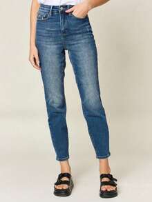 Women's Casual Jeans Urban Tummy Control High-Waisted Denim Pants Medium Blue Full Length Button And Zipper Closure Stretch Fit For Casual Everyday Wear