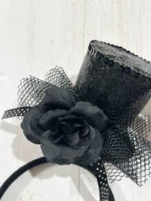 1pc Black/Red Miniature Top Hat Headband, Adorable Bow & Mesh Decor, Suitable For Party, Gathering, Tea Party, Teen BBQ, Music Festival - Multicolor - View 6