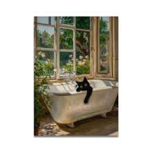 1 pièce Impression sur canevas de chat de salle de bain optionnel avec cadre lisant sur les toilettes. Affiche d'art mural drôle de décoration animale. Décoration de maison, cadeau. Avec ou sans cadre réutilisable.