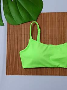 Bikini Top Simple Bandeau Thin Straps With Removable Pads And Separate Polyamide Adjuster - Lime Green - View 3