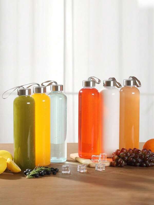 1 pieza Botella de agua de vidrio transparente con asa de cuerda y tapa de acero inoxidable a prueba de fugas, botella de jugo de vidrio reutilizable para hacer jugos, refrigerador, 100% a prueba de fugas
