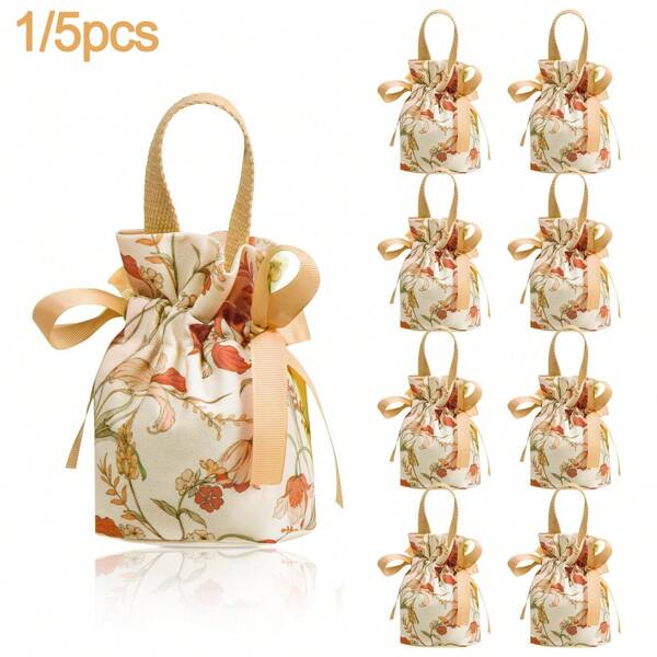 1/5 piezas Bolsas de regalo de algodón con cordón estampadas con tulipanes, ideales para bodas, vacaciones, fiestas, regalos de duchas nupciales