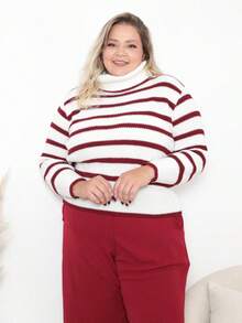 Striped High Neck Knit Blouse - 紅白色 - 查看 1